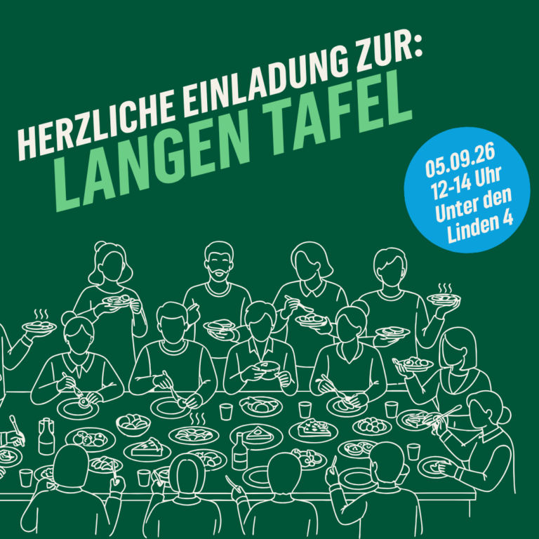 Lasst uns zusammenkommen! An einer langen Tafel wollen wir gemeinsam essen und ins Gespräch kommen.